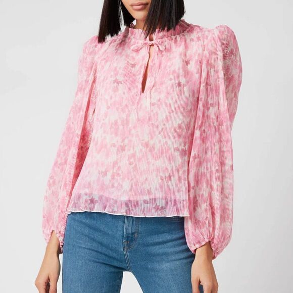 Ganni Floral Print Plisse Balloon Sleeve Georgette Blouse Floral Pink 36 US 0 - Picture 1 of 9